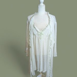 Vtg Oscar De La Renta Sheer White/Green Dot Ruffled Robe/Babydoll Designer Sz 2x